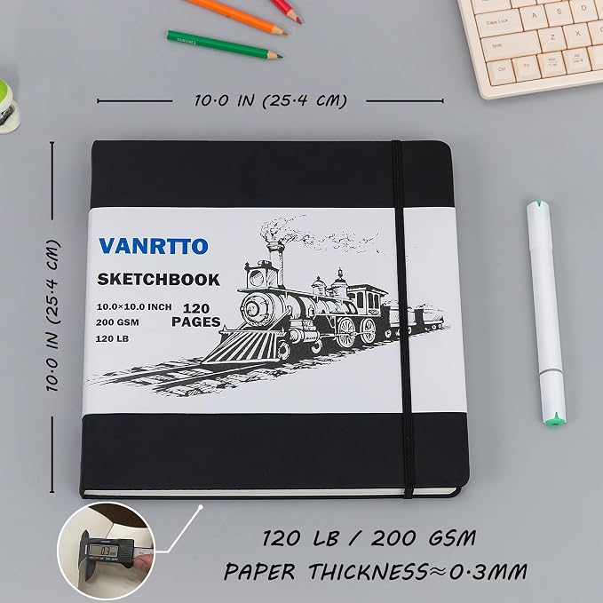 Vanrtto Hardcover Sketch Book, Square Mixed Media Sketchbook 10x10 Inch | Hardcover Square Sketch Book 120LB/200GSM Drawing Paper, 120 Pages/60 Sheets Sketch Pad for Adults, Mixed Media Sketchbook