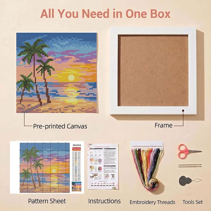 WUSARPLY Sunset Landscape Stamped Cross Stitch Kits for Adults with Framed | Beach Palm Tree Needlepoint Counted Cross Stitch Kits for Beginners Adults with Framed Embroidery Kits Arts and Crafts