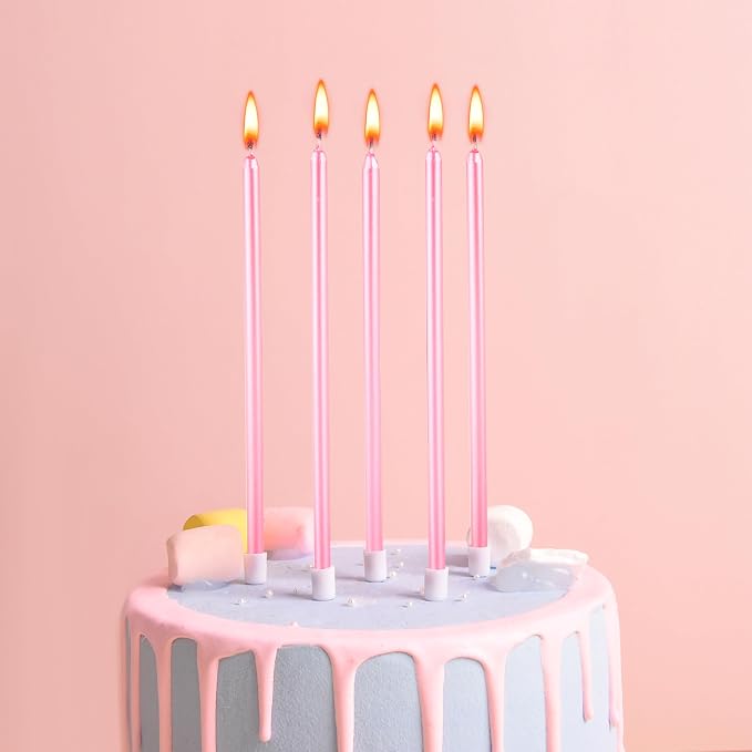 PHD CAKE Pink Long Thin Metallic Birthday Candles, Cake Candles, Birthday Parties, Wedding Decorations, Party Candles