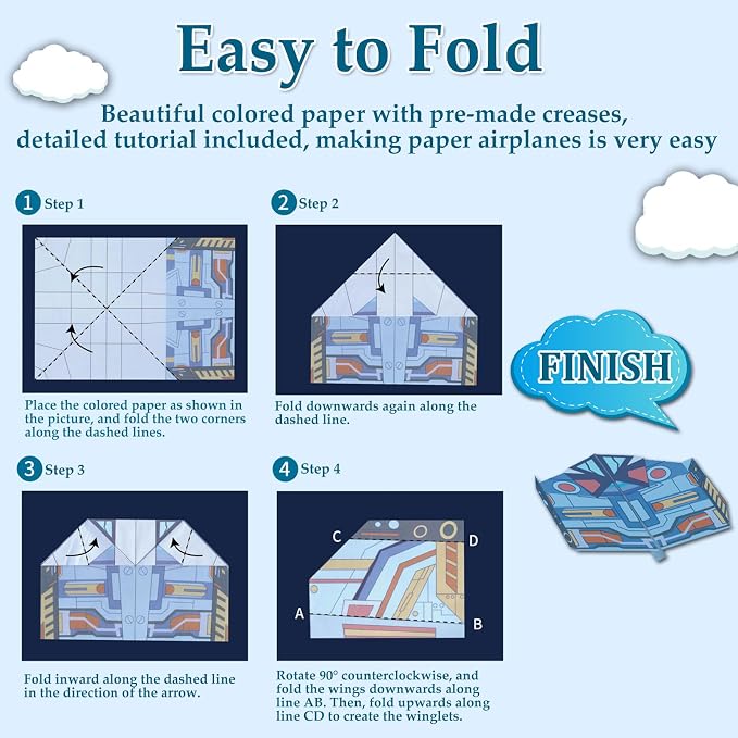 Paper Airplane Kits with 16 Classic Designs, 32 Sheets of Colorful Origami Paper, World Record Paper Planes, Craft Kit for Kids, Airplane Gifts for Boys and Girls Ages 6-12+ (Digital Manual Only)