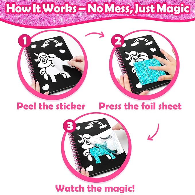 FUNNYB&G Foil Art Craft Kit for Kids, Sparkly Birthday Gift Toy for Girls | No Mess, Kids Ages 4-10 Create Sparkling Artwork, A Creative Gift for Birthdays, Holidays, Travel Activities,Screen-Free Fun