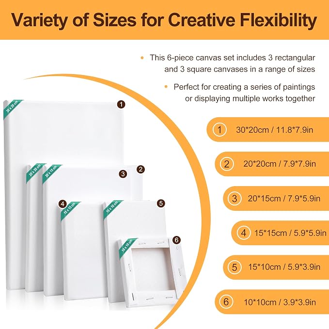 6-Piece Canvas Set for Painting – 11.8x7.9”, 7.9x5.9”, 5.9x3.9”, 7.9x7.9”, 5.9x5.9”, 3.9x3.9” Stretched Canvas Panels – White Artist Canvas Boards for Oil, Acrylic & Craft Painting (Model A)