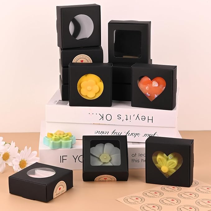 Moukiween Soap Boxes for Homemade Soap, Soap Packaging Gift Box with Window | 2.95 X 2.95 X 1.18 Inch Soap Packaging Gift boxes Black with Window, Small Square Soap Wrapping Boxes (30PCS)