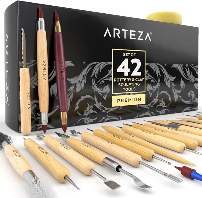 ARTEZA Pottery & Sculpting Tools, 42-Piece Clay Tools Set with Wooden Handles & Steel Tips for Polymer Clay, Ceramics, Carving, Modeling, Shaping & Smoothing | Wooden Handles, Steel Tips, Loop, Ribbon, Shaping and Detailing Tools, For Ceramics, Carving...