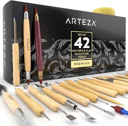 ARTEZA Pottery & Sculpting Tools, 42-Piece Clay Tools Set with Wooden Handles & Steel Tips for Polymer Clay, Ceramics, Carving, Modeling, Shaping & Smoothing | Wooden Handles, Steel Tips, Loop, Ribbon, Shaping and Detailing Tools, For Ceramics, Carving...