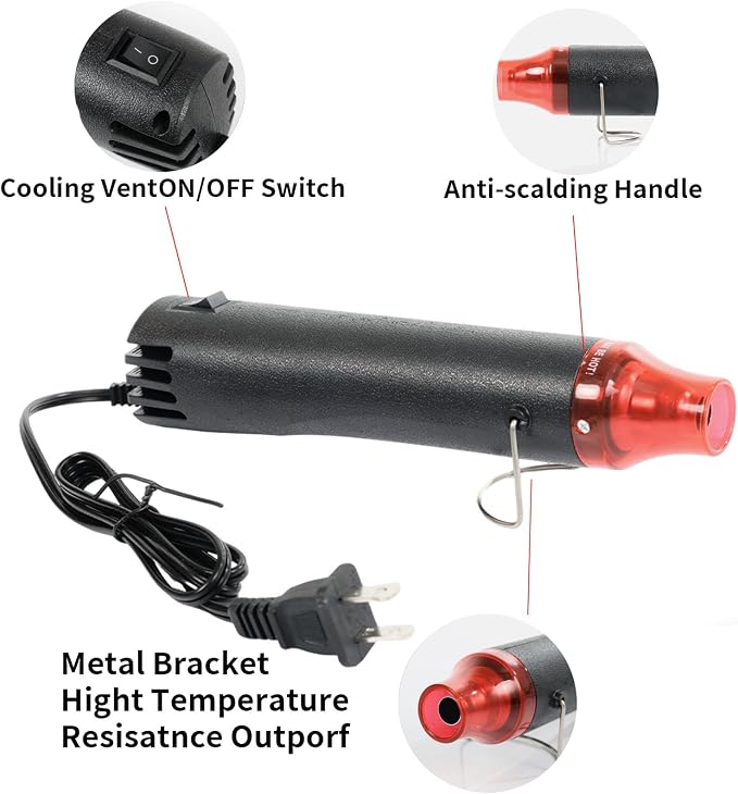 Heat Gun 300W, Handed Hot Air Gun for Crafting and DIY (Black) | 3.28FT Ultra-Long Cable Portable Heat Gun with Stand and Power Cord for Shrinking Wrapping PVC and Drying Paint