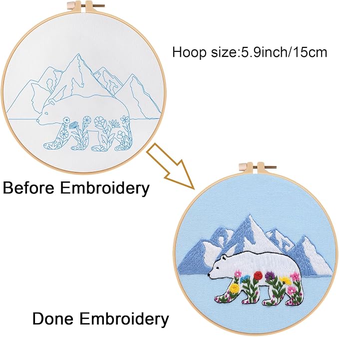 Louise Maelys Glacial Polar Bear and Flowers Embroidery Kit DIY Craft | Pre-Printed Fabric, Hoop, Threads, Needles & Guide for DIY Needlepoint Kit and Cross Stitch Starter Kit for Adults