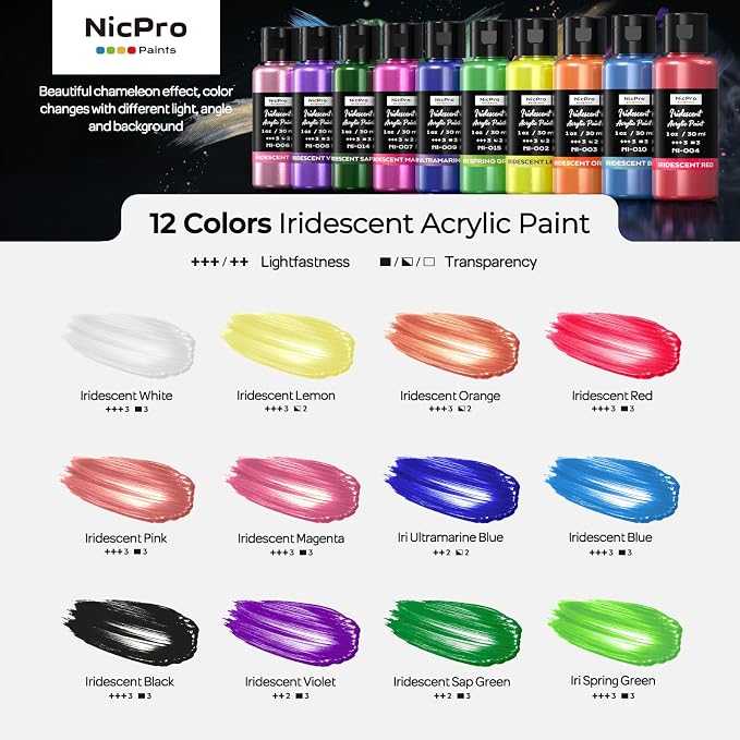 Nicpro 12 Colors Iridescent Acrylic Paint Set,1oz Chameleon Metallic Paint | Color Shifting Glitter Craft Paint, Non-Toxic DIY Art Painting Supplies,Paint Kit for Canvas Rocks Wood Glass Ceramic Fabric