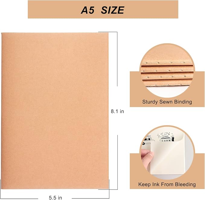 ZZTX 4 Pack Blank Kraft Notebooks A5, 36 Pages, 8.3 X 5.5 Inch