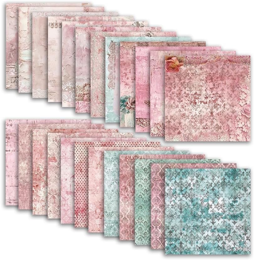 Pink Lace Scrapbook Paper Vintage Flower Pattern Papers Pad 12×12,24 Sheets Double-Sided Bobo Floral Scrapbooking CardStock Paper Pad for Holiday Cardmaking DIY Origami Papers.