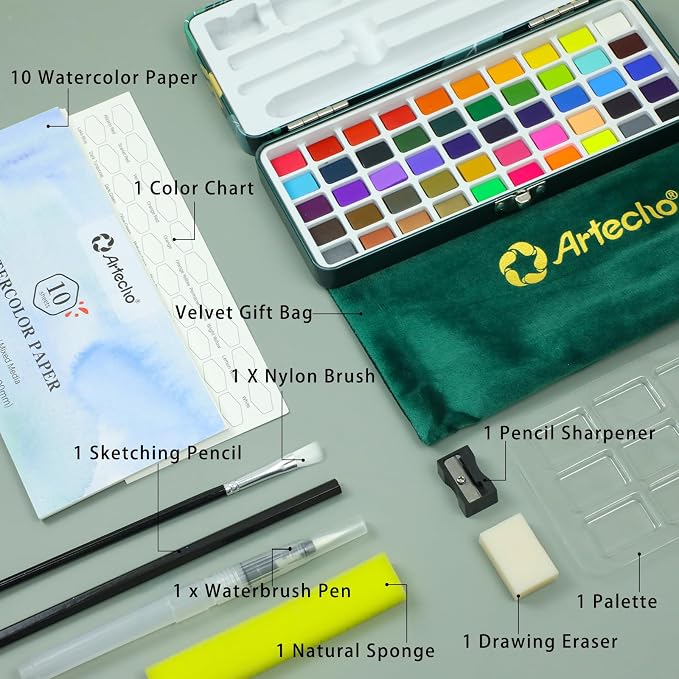 Artecho 50-Color Watercolor Paint Set, Compact Travel Tin Case | 50 Colors: 46 Classic & 4 Fluorescent; 2 Brushes and 10 Watercolor Sheets for Beginners, Gifting and Travel Painting