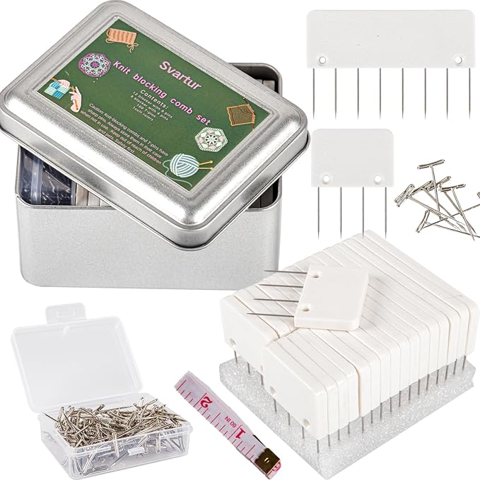 Svartur Knit Blocking Pins Kit, Includes 20 Knit Blocking Combs, 100 T-pins for Blocking Knitting Crochet, Needlework Projects, Knitting Block Tool for Blocking Mats, White