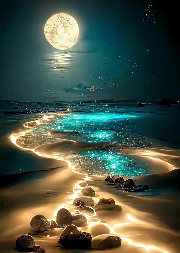 Moonlight Beach Diamond Art Kits for Adults, 5D Diamond Painting for Adults