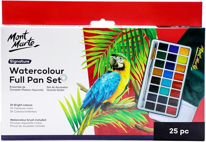 Mont Marte Watercolor Set Full Pan Signature in Tin, Vibrant 24 Colors, Multi-Color with Translucent Finish, Portable Watercolor Set
