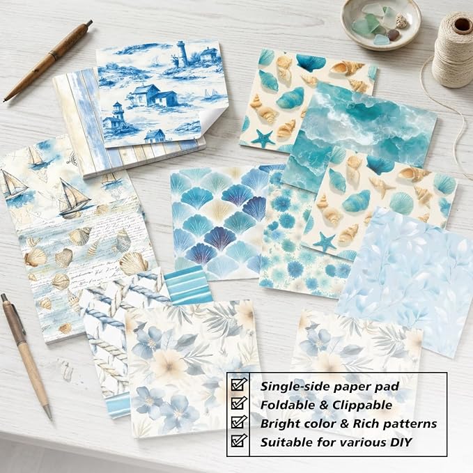 Blue Aesthetics Scrapbooking Paper Pad - 24 Sheets 6'' x 6'' Beach Shell Patterned Decorative Collage Decoupage for Journaling Wrapping Folded Supplies Gift DIY Crafts Cards Photo Album