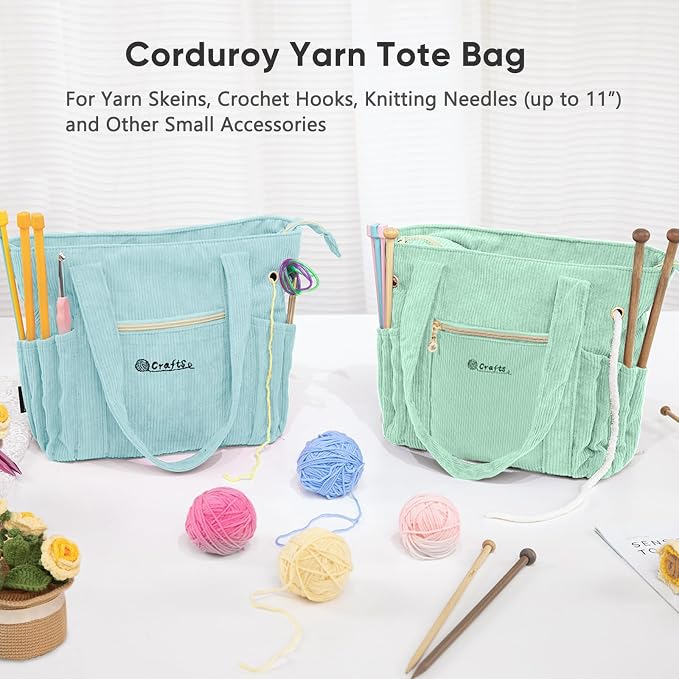 MYBAGZING Corduroy Crochet Bag 11.5" Large Yarn Storage Tote with Grommets, Needle Holders – Knitting Bag Organizer for Crochet Hooks, Accessories, Tools & Projects –Gift for Knitters & Crafters