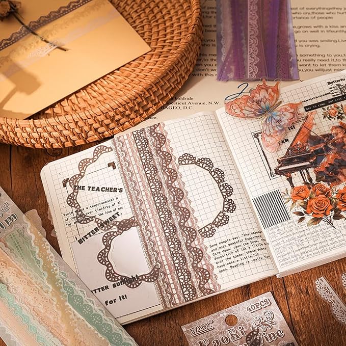 40 Pcs Transparent Lace Stickers for Scrapbooking Junk Journal Card Making Collage Diary Planner Notebook Letter Photo Album Craft Project Decoration, 5 Patterns