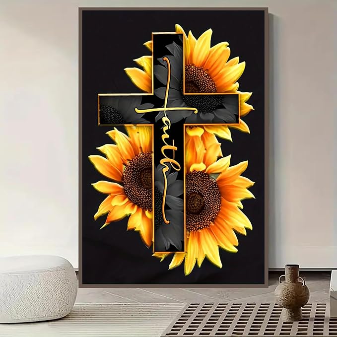 5D Diamond Painting Kit for Adults Beginners,Cross Sunflower Diamond Art | DIY Paint by Diamonds,suitability Friends Full Round Drill Diamonds Dots Gem Art,Home Wall Decor 11.8x15.8 Inch