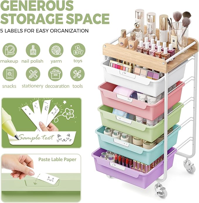 SYKIARIOL Utility Cart with 5 Labeling Drawers and Wooden Tabletop | Rolling Storage Cart for Crafters, Artists, Kids, Teachers, and Students – Organize Arts, Crafts, Sewing & Study Supplies