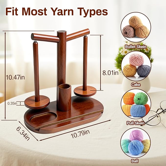 Lemosyu Wooden Yarn Holder for Crocheting, Magnetic Rotating Yarn Spinner | 360°Rotation, 2 Spindles, Phone Stand, Crochet Accessories Organizer for Knitting, Gift for Knitters Women Mom Grandma Wife