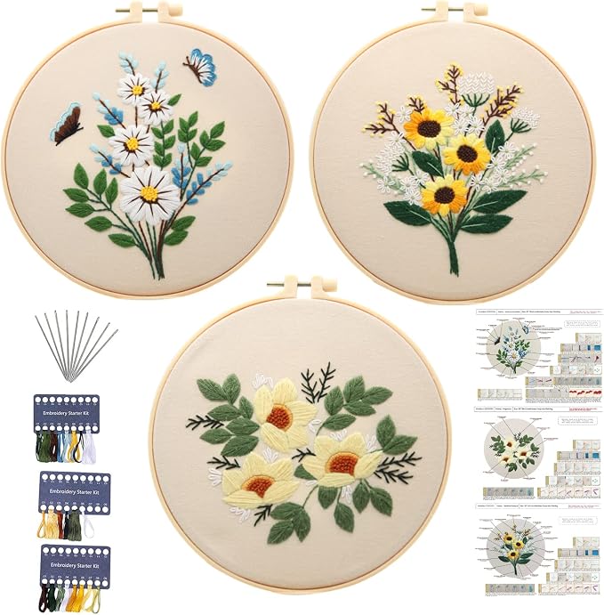 Embroidery Kit for Beginners,Cross Stitch Kits for Adults DIY Craft 3pcs Embroidery Pattern Needlework Fabric Embroidery Thread and Needles 1pcs Embroidery Hoop Adult Stitch Stuff Sewing Kit Gift
