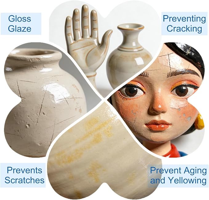 Air Dry Clay Glaze, 120ml High Gloss Polymer Clay Varnish, Prevent Clay Cracking, Scratch Resistant, Waterproof, for Pottery, Crafts, Clay Sealant with Brush & Measuring Cup (4fl oz)