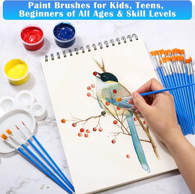 Small Paint Brushes Bulk, Anezus 50 Pcs Flat Tip Paint Brushes with Round Acrylic Paint Brushes Set Craft Brushes for Classroom Acrylic Watercolor Canvas Face Painting Touch Up