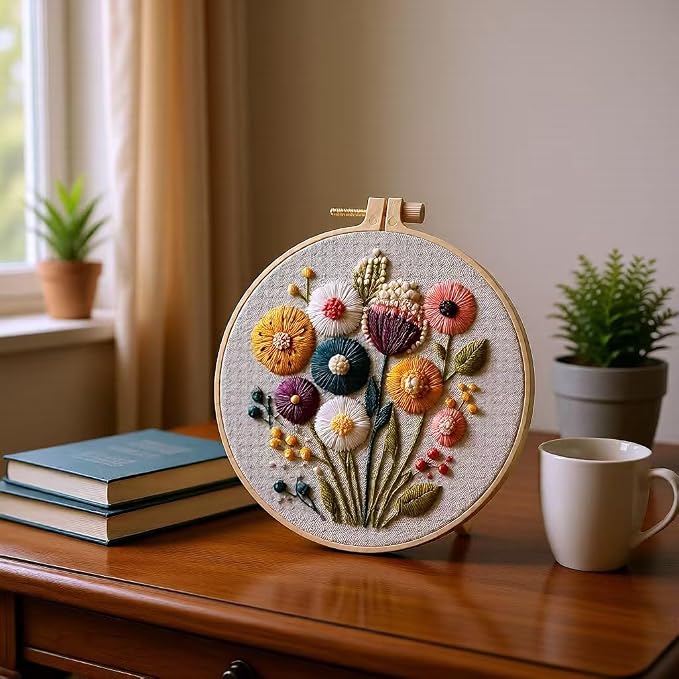 JJFox Embroidery Kit for Beginners and Adults, DIY Hand Embroidery Starter Kit with Cute Pattern, Cross Stitch Needlepoint Set with Hoop, Threads and Instructions (Flower)