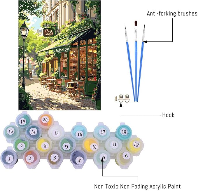 Mrnsiet Paint by Numbers Kit for Adults, Easy Street Cafe Adult Paint by Number Kits on Canvas, Spring Scene DIY Acrylic Oil Number Painting Kits for Home Wall Decor Gift 16x20 Inch