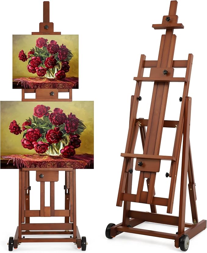 VISWIN Studio H-Frame Easel, Tilting Flat & Adjustable Beech Wood Art Easel for Painting, Movable Large Easel Stand for Adults, Artists, Hold 1 or 2 Canvas up to 78" - Walnut Brown
