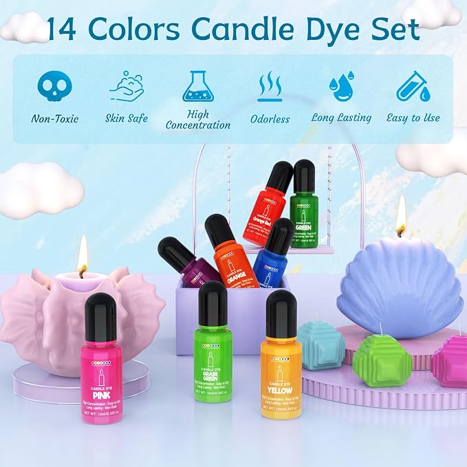 Candle Dye - 14 Colors Liquid Candle Wax Dye for DIY Candle Making, Highly Concentrated, Non-Toxic, Oil-Based Candle Color Dye for Soy Wax, Beeswax, Gel Wax, Paraffin Wax - 10ml/Bottles