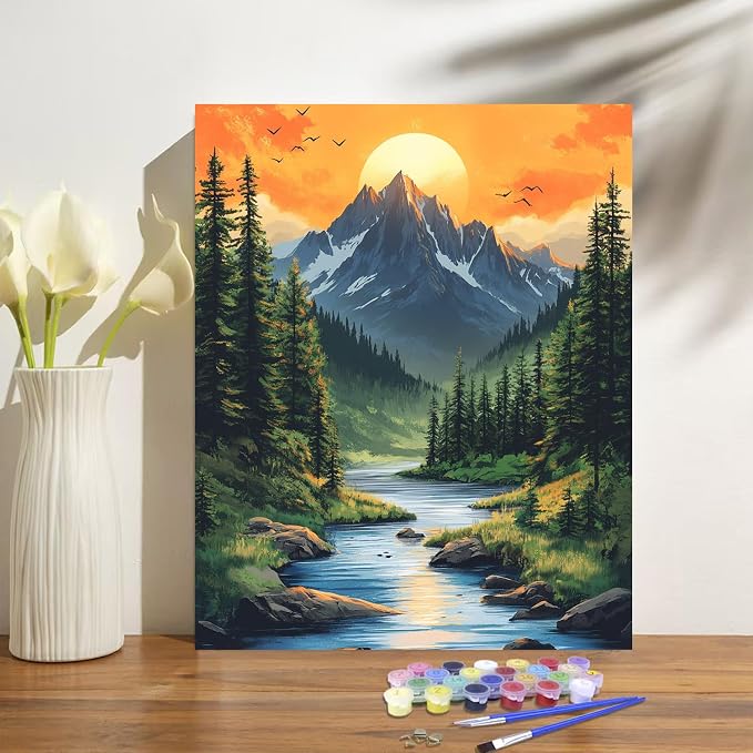 Mountain Paint by Numbers Kit for Adults Beginner Sunset Oil Painting Kit Adult Paint by Number Kits on Canvas Landscape DIY Painting for Beginners Art by Numbers for Gifts Home Wall Decor 16x20 Inch