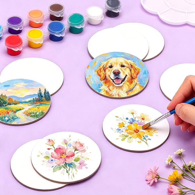 ESRICH 48Pack 3x3IN Round Mini Canvas Magnets, Small Magnetic Paint Canvas | Non-toxic, Ideal for Acrylic, Watercolor, Oil Painting, DIY Magnet Kit, Refrigerator Decor