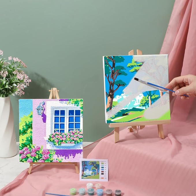 Nezyo 12 Sets Scenery Paint by Numbers Adults with Frame, 8x8 Inch Kit | Easy DIY Acrylic Kits for Beginners, Framed Canvas Ready to Hang, For Painting Party Classroom Birthday Gift