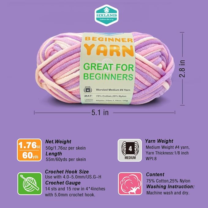 3 * 50g/1.76oz Yarn for Crocheting and Knitting, 3 * 60yds Beginner Yarn with Easy-to-See Stitches; Worsted-Weight Medium #4;Amigurumi-Friendly Crochet Kit(Lavender+Orange+Blue Sky)