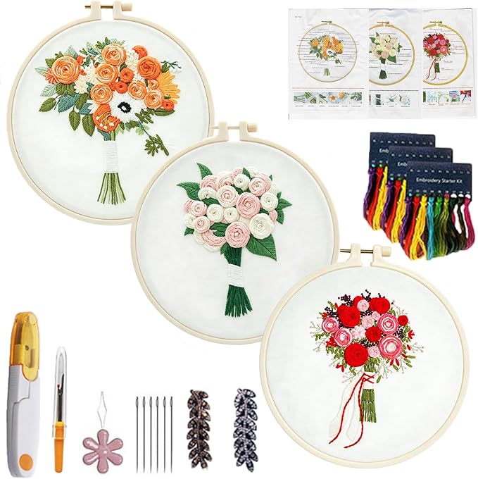 CHIYOSING Embroidery Kit for Beginners Adults, 3 Floral Pattern to Learn Over 30 Different Stitches,Includes Step-By-Step Instructions,Sharp Scissors and 2 Exquisite Hairpins and Multiple Accessories