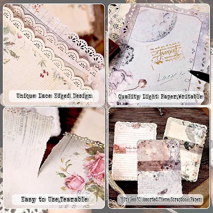 Vintage Floral Lace Edge Scrapbook Paper, 30 Sheets, 3 Pack | 4.9 x 6.9 in | Floral Background Paper | Junk Journaling | Scrapbooking | Collage | Card Making | Memory Keeping