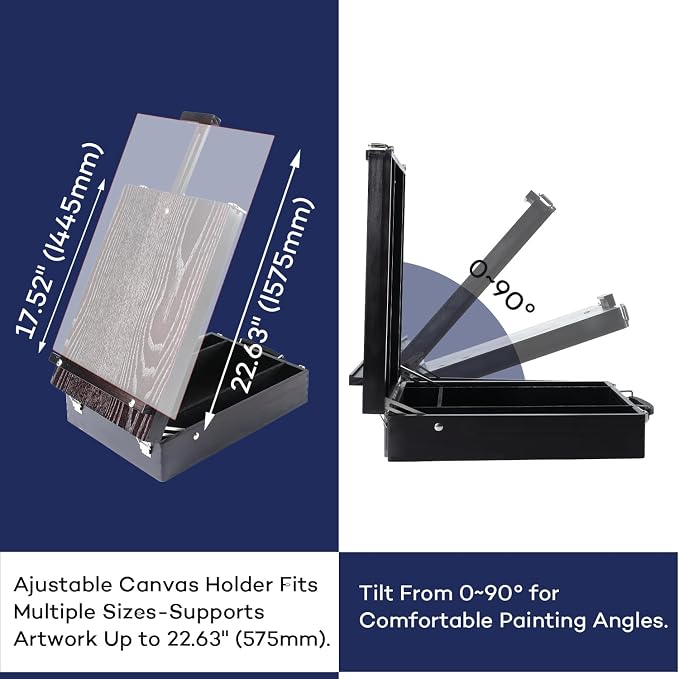 Artkey Tabletop Box Easel, Pine Wood Portable Artist Easel with Storage Case (4 Compartments), Adjustable 0-90° Angle, Carry Handle, for Canvas up to 22.6"