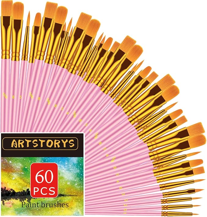 Artstorys 60Pcs Paint Brush Set for Acrylic, Oil & Watercolor, Pink | Bulk Artist Paintbrushes (Nylon Hair Wooden Handles) for Adult Drawing, Great for Face, Rock & Canvas, Arts Craft Supplies