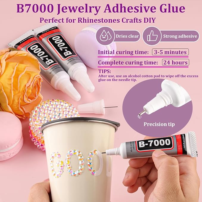 Resin Jelly Rhinestones for Crafting with B7000 Jewelry Glue, 1 Box Transparent AB Flatback Crystal with 3Pcs 10ml Glue, Bedazzling Non Hotfix Gems for DIY Tumblers Clothing Shoes Manicure