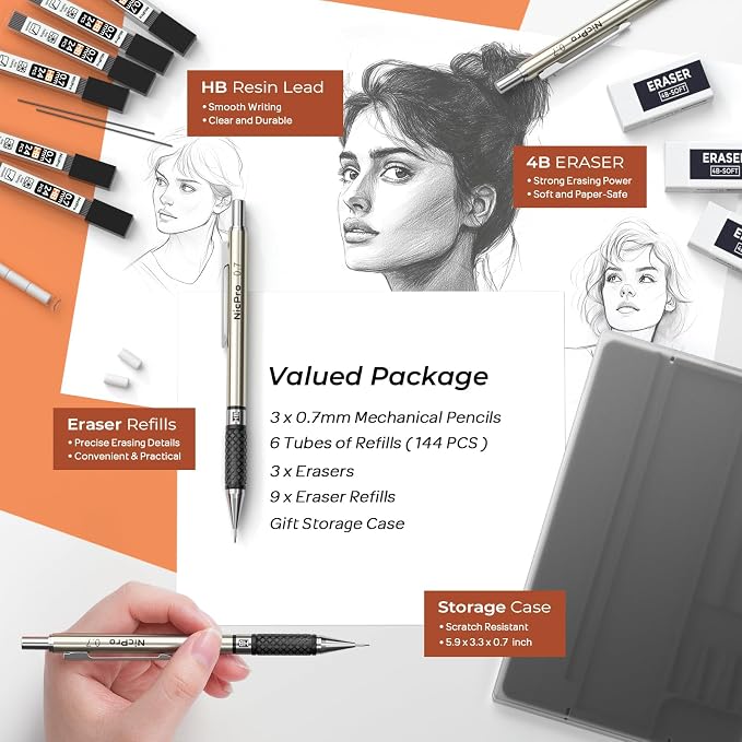 Nicpro 0.7 mm Art Mechanical Pencil Set in Storage Case, 3 PCS | Metal Drafting Pencil Lead Pencil+6 Tube HB Lead Refill, 12 Eraser, Comfort Grip For School Writing, Artist Drawing Sketching