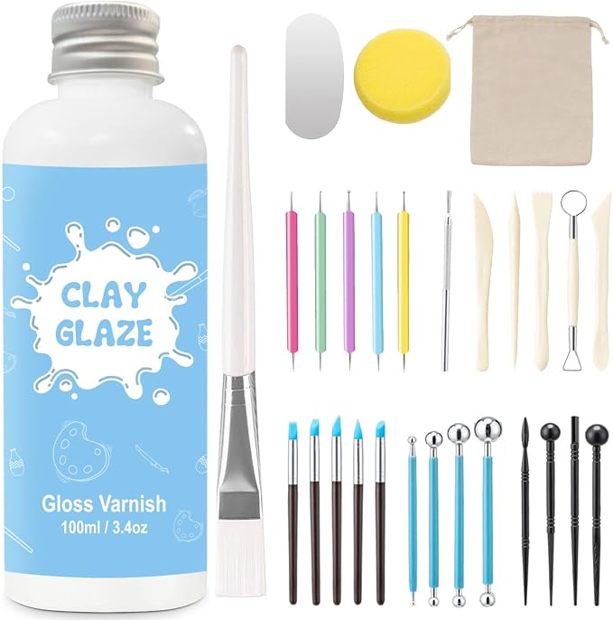 EIGTWEN 100ml Air Dry Clay Glaze and 29pcs Clay Tools Kit, Gloss Varnish | Gloss Glaze, Waterproof,Prevents Clay Scratches & Wear, Air Dry Clay Tool,Dotting Tools,Ball Tools,Carving Tools,Shaper Tools