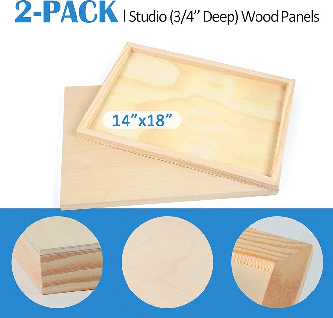 Falling in Art 2 Pack 14x18 Unfinished Birch Wood Panels Kit for Painting | Studio 3/4’’ Deep Wood Canvas, Cradle Boards for Acrylic Pouring, Art, Crafts, Epoxy Resin, Laser Engraving Cutting