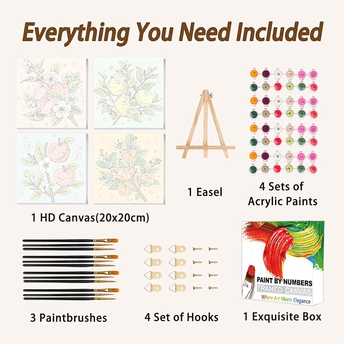AUKELHJ 4 Pack Framed Paint by Numbers Kit for Adults, Fruit, 8x8 Inch