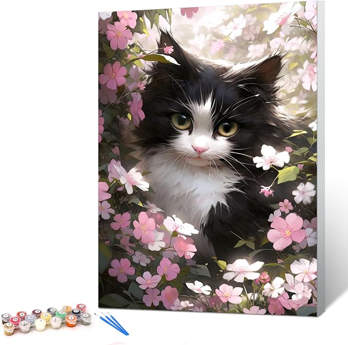 Ginkko Paint by Numbers Kit for Adults Beginner & Kids Ages 8-12 with Wooden Frame Easy Acrylic on Canvas 8x12 inch with Paints and Brushes, Cat Flower (Include Framed)