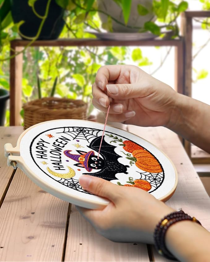 TINDTOP Halloween Embroidery Kit for Adult, Embroidery DIY Starter Kit, with Stamped Patterns, Hoop, Tools, Colorful Threads with Needles, Instructions (Halloween D)