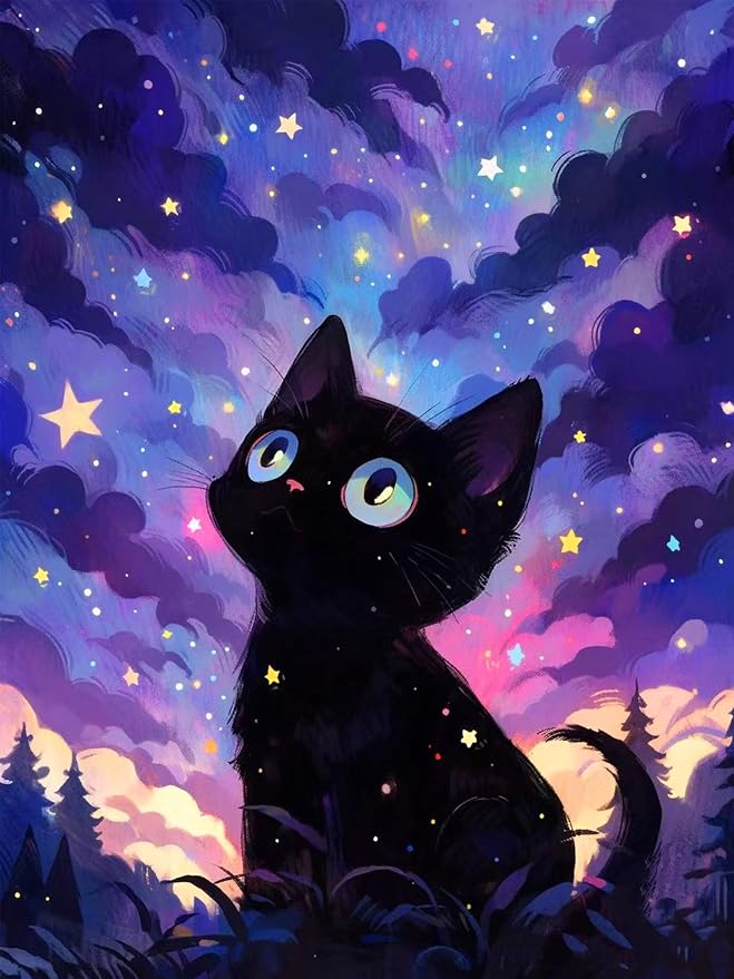 ijbnhd Cat Diamond Art Kits forAdults Starry Night, 12x16 inch