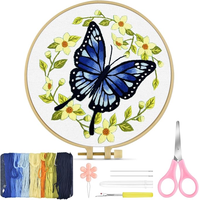 TINDTOP Embroidery Kit for Beginners Adult, Butterfly Embroidery Kit | Include Embroidery Cloth Hoops Threads for Craft Lover Hand Stitch with Embroidery Skill Techniques