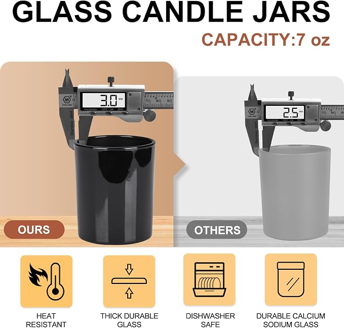 SHOWIN Thick Candle Jars for Making Candles 16 Pcs, 7 OZ Empty Jars with Wood Lids for Candle Making, Sample Container, Glossy Black