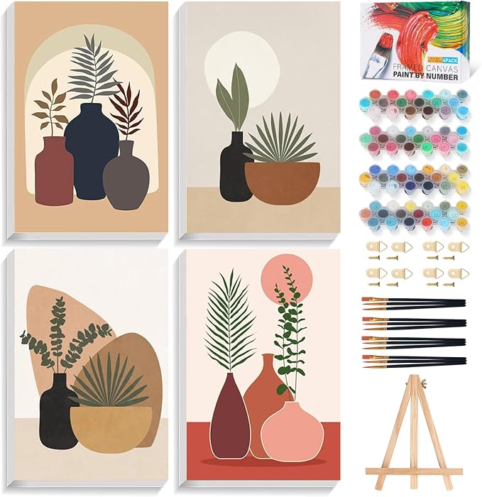 4 Pack Framed Paint by Numbers Kit for Adults Plant with Wooden Easel | With Frame Canvas 8x12 IN, For Adults Beginner, DIY Acrylic Painting Simple, Stress Relief Craft Kits, Home Wall Decor Gift